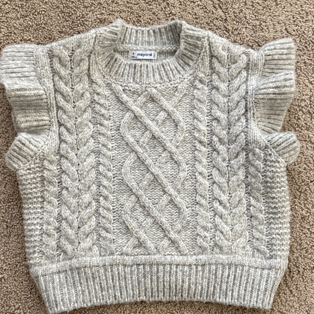 Mayoral Light Gray Cable Knit Sweater with Ruffled Sleeves
